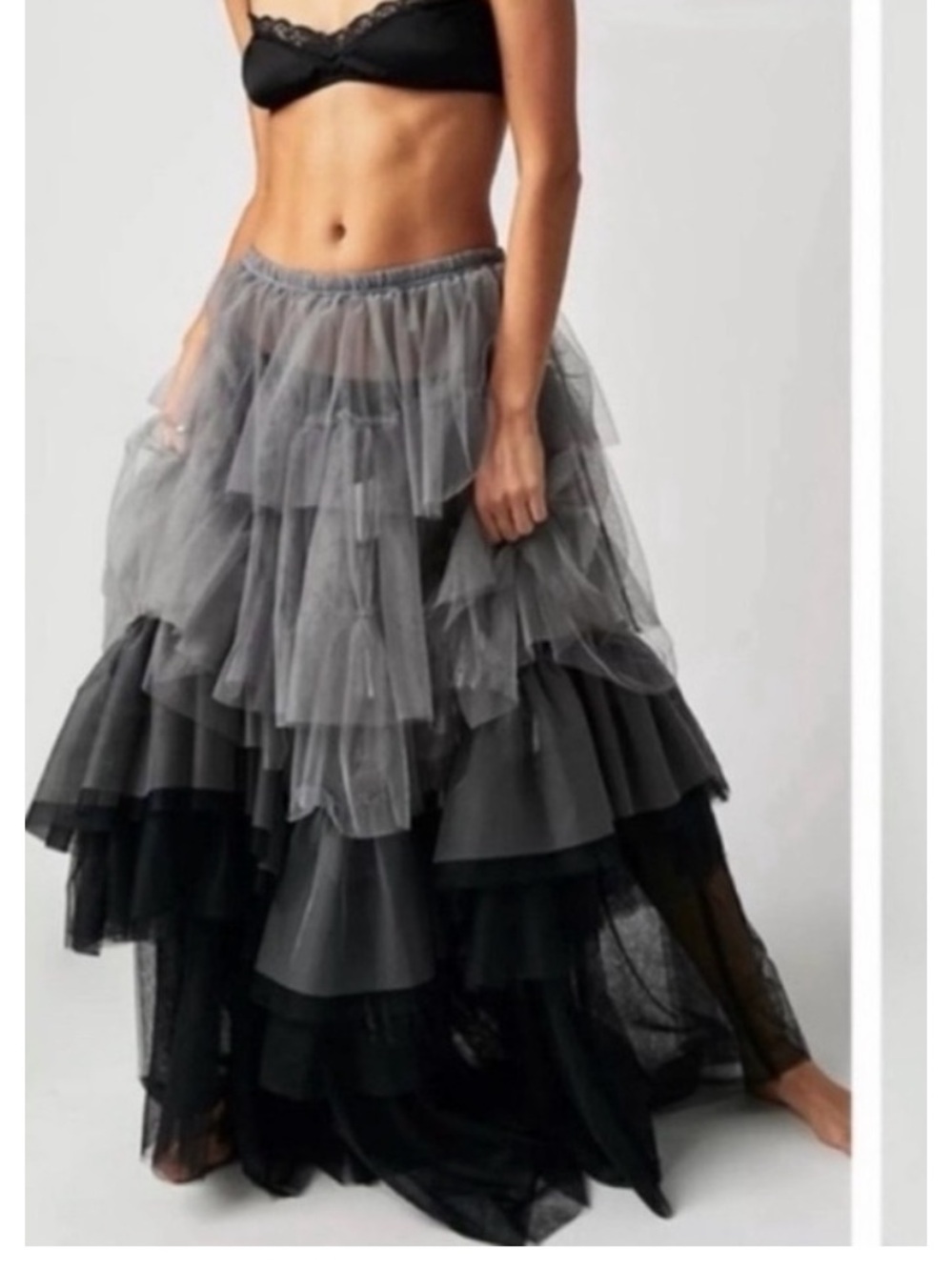 Free People Tulle Much Tiered Black and Gray Tulle Maxi Skirt